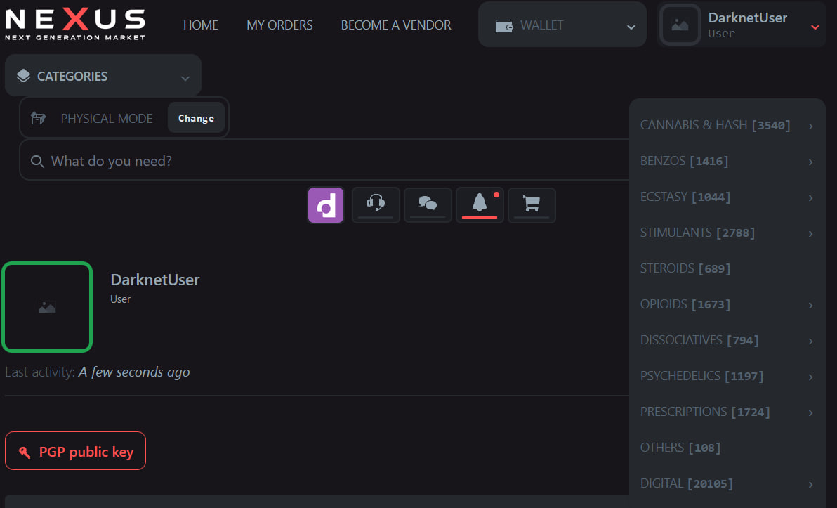 Nexus Market dashboard with encrypted darknet listings and Monero payments on the Nexus darknet